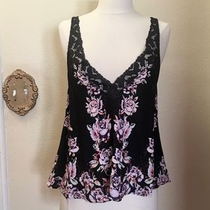 Free People Dark Floral & Black Lace Bohemian Tank
